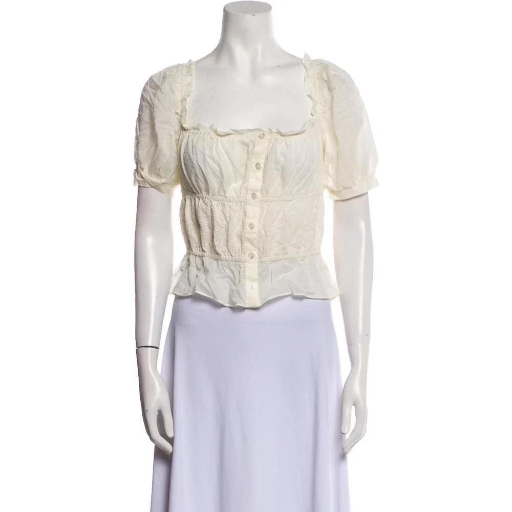 Reformation Cream Off White Ren Fair Peplum Puff Sleeve Button Down Top - XL